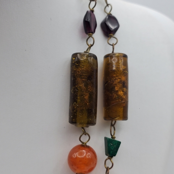 Stone & Glass Beaded Necklace Chain Link Artisan Vintage 33" L Malachite Quartz - Picture 4 of 9